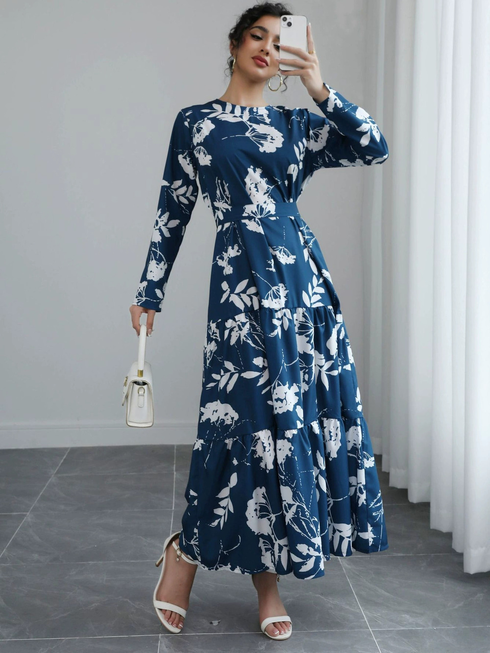ZARA Blue Long Sleeve Round Neck Tie Waist Floral Midi Dress